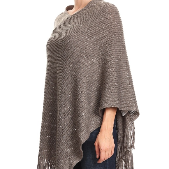 New Womens Cute Gray Sequin Fringed Shimmer Poncho - Picture 2 of 5